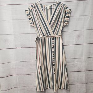 Monteau Los Angeles Striped V Neck Dress Size Small Tie Belt Elastic Waist